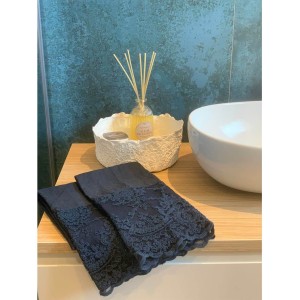 CHEZ MOI Set Bagno Lino e Pizzo Corinzio Blu Notte