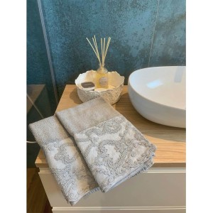 CHEZ MOI Set Bagno Spugna e Pizzo Arabesque Cemento